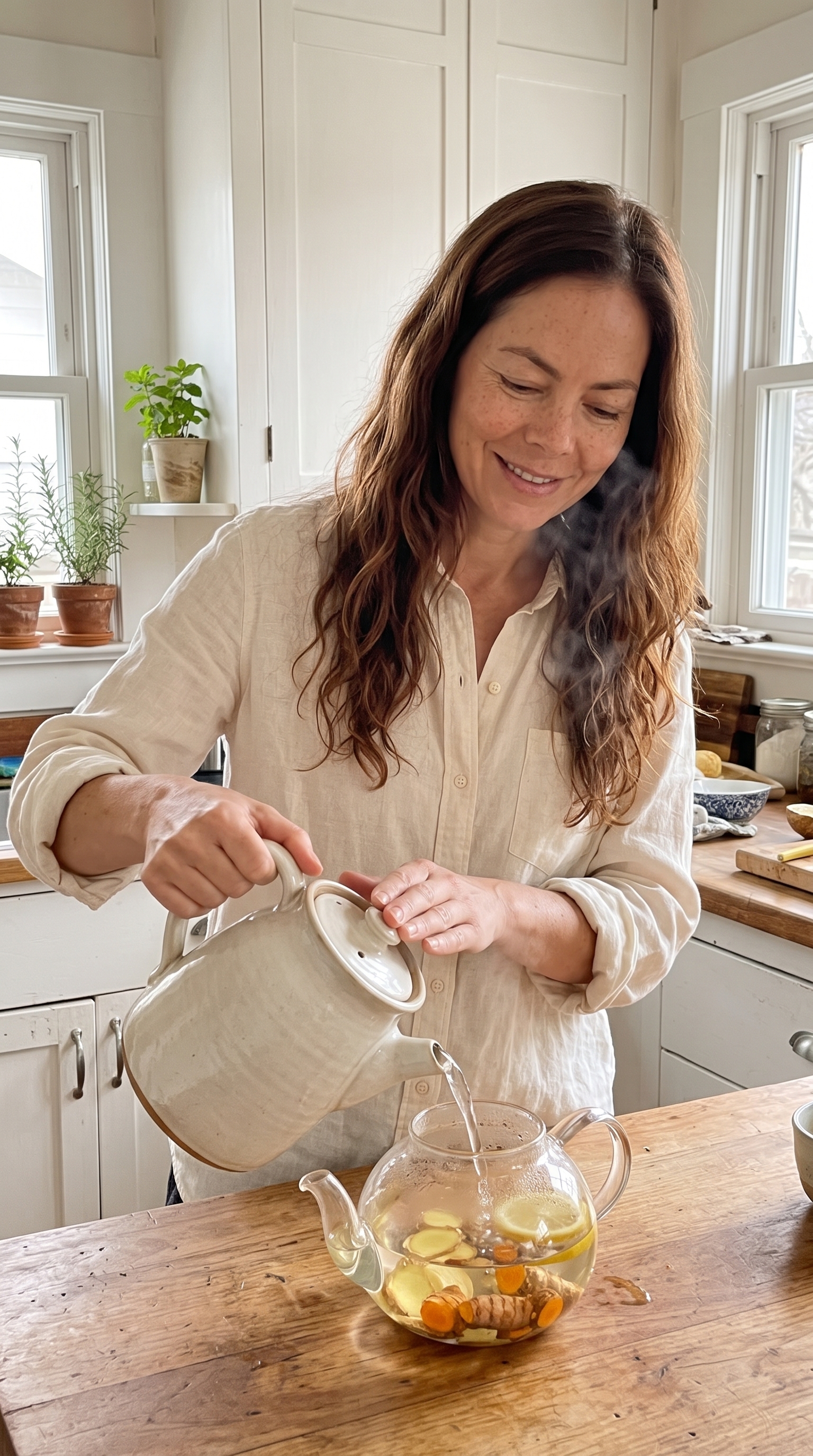 Melaine Rodriguez preparing a warm herbal drink in her kitchen