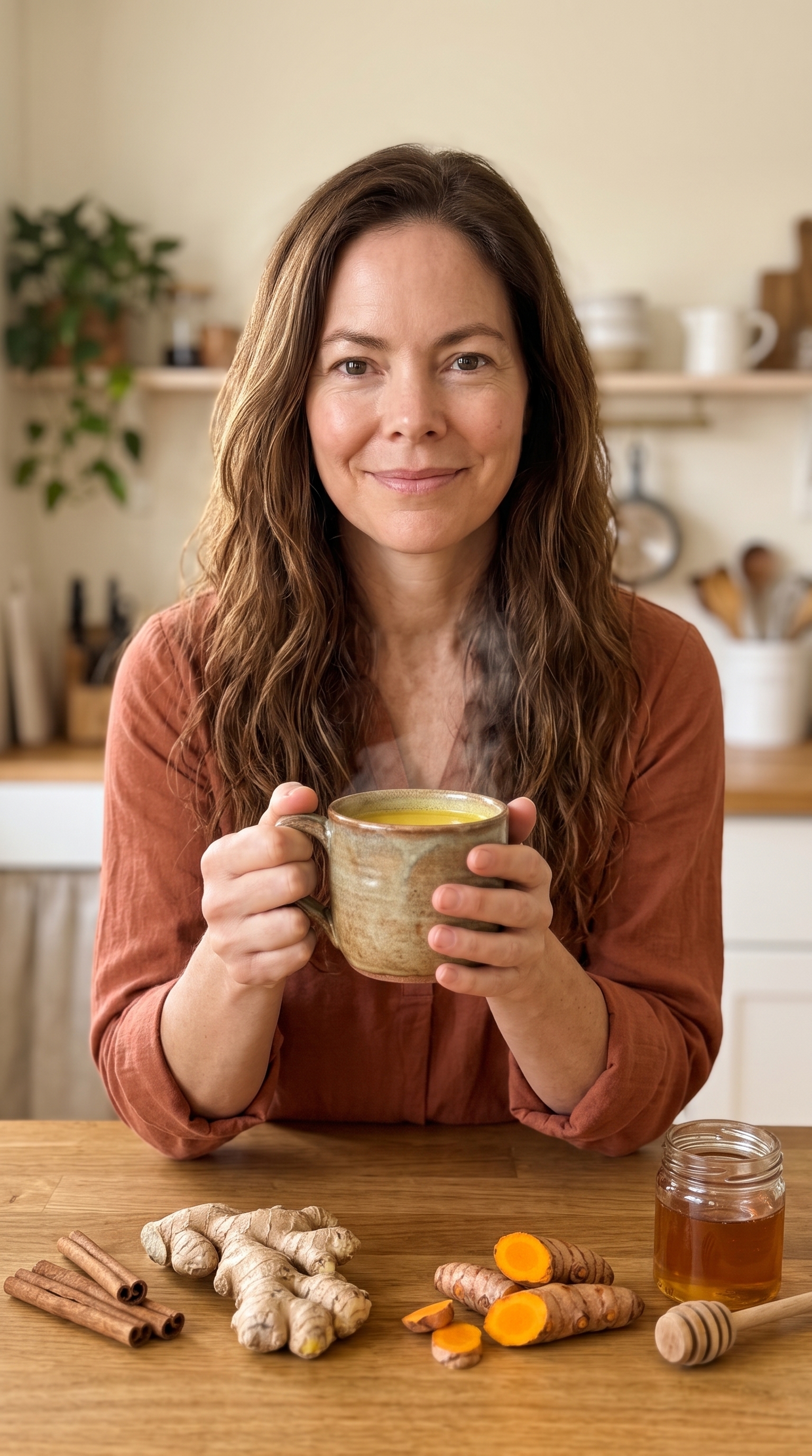 Melaine Rodriguez holding a warm cup in her kitchen